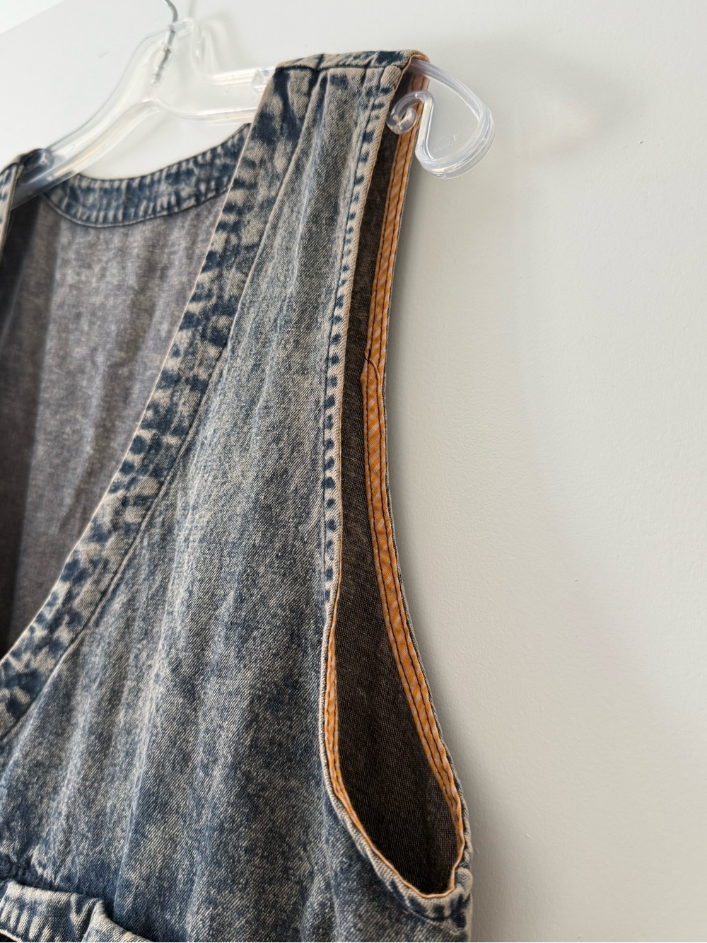 Boho Patchwork Denim Dress Tiered Folk Art Embroidered Sleeveless V Neck Cottage - Picture 6 of 9